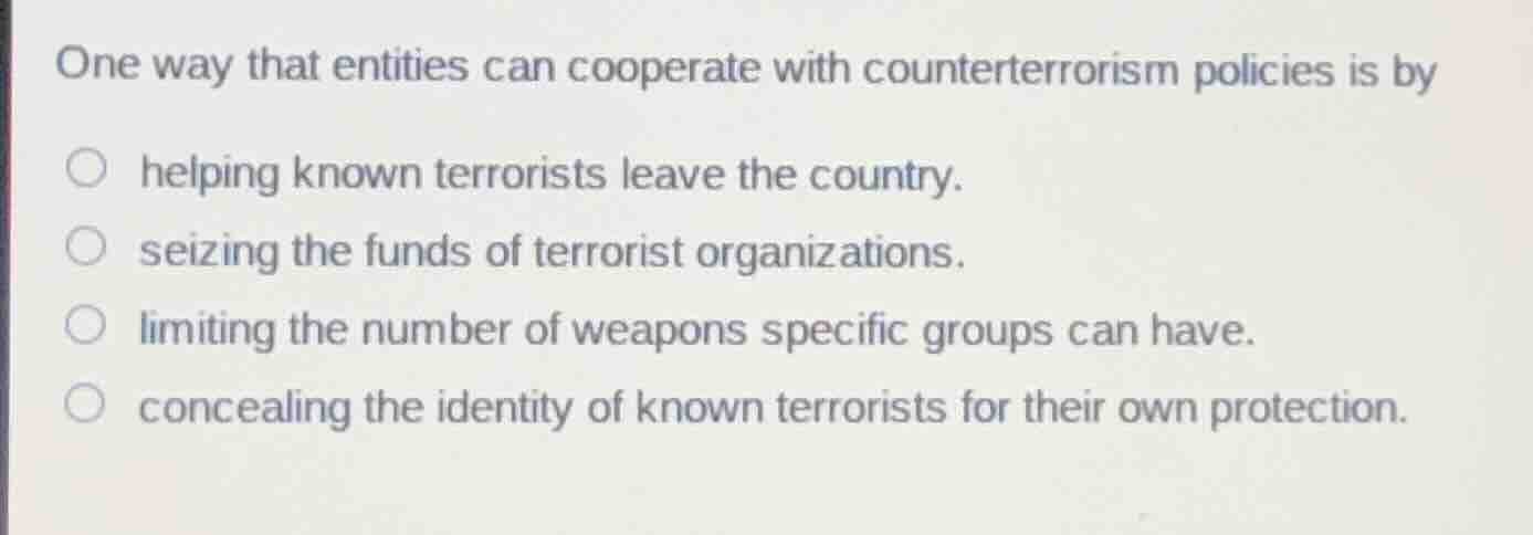 one way that entities can cooperate with counterterrorism policies is b…