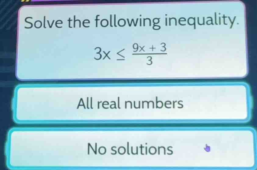solve the following inequality. $3x \\leq \\frac{9x + 3}{3}$ all real n…