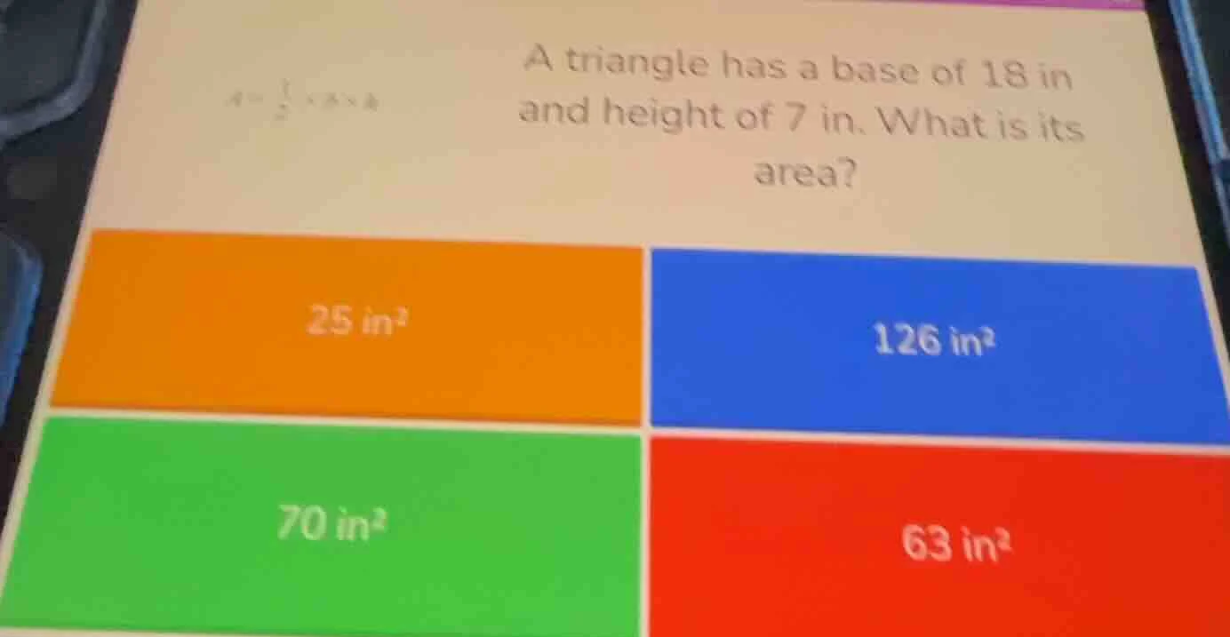 $a=\\frac{1}{2} \\times b \\times h$ a triangle has a base of 18 in and…