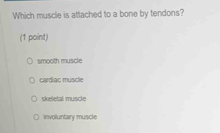 which muscle is attached to a bone by tendons?(1 point)smooth musclecar…