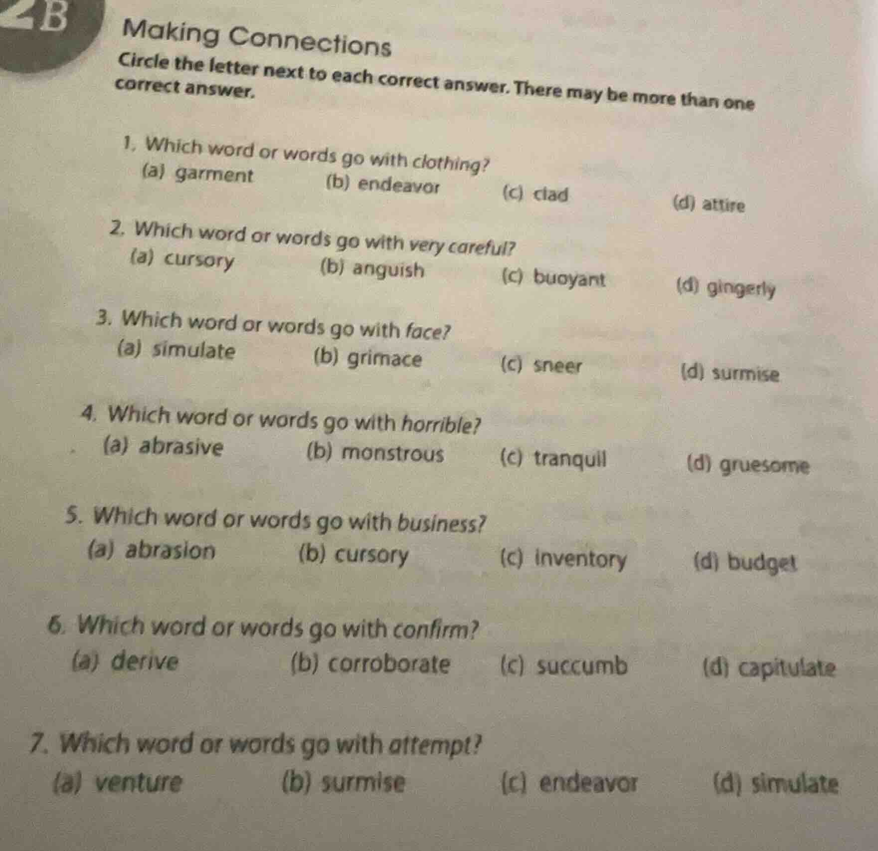 2b making connections circle the letter next to each correct answer. th…