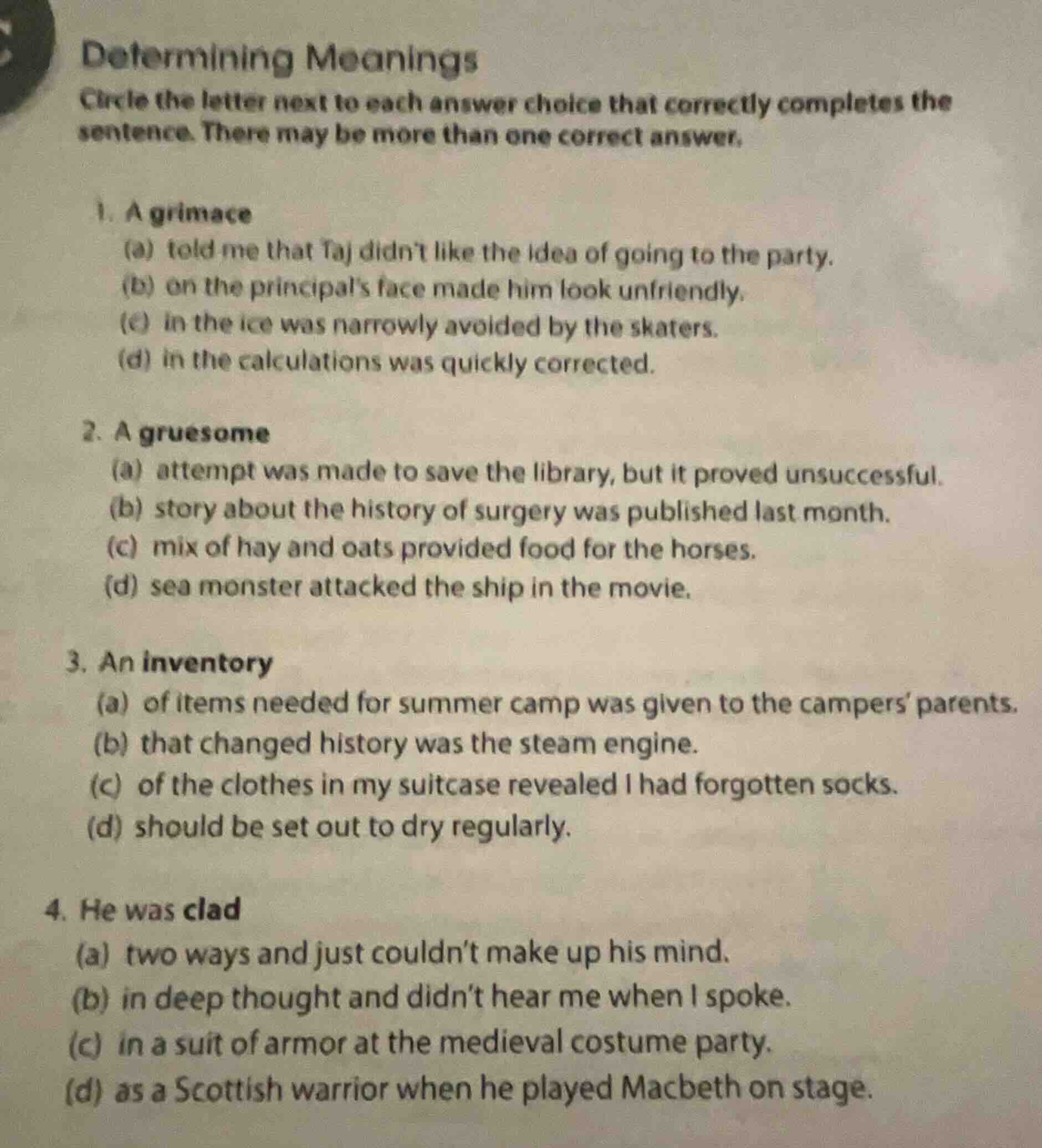 determining meanings circle the letter next to each answer choice that …