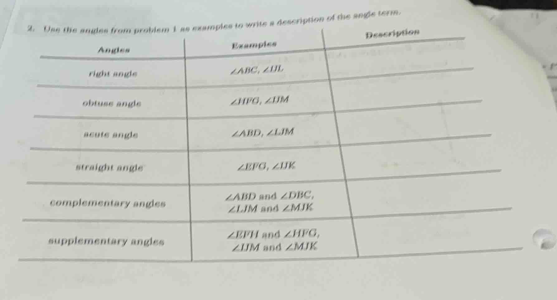 2. use the angles from problem 1 as examples to write a description of …