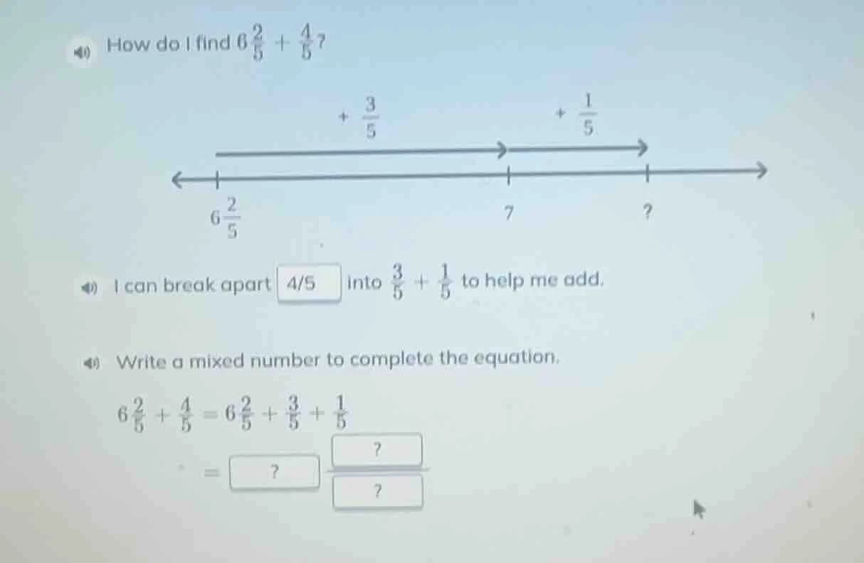 40 how do i find $6\\frac{2}{5} + \\frac{4}{5}$? $+ \\frac{3}{5}$ $+ \\…