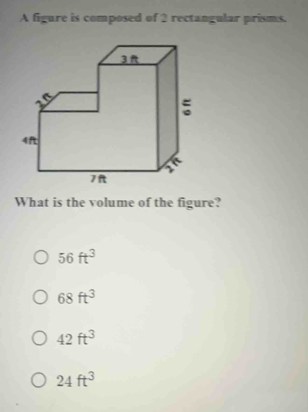 a figure is composed of 2 rectangular prisms. what is the volume of the…