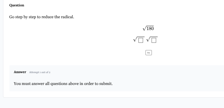 question go step by step to reduce the radical. $sqrt{180}$ $sqrt{squar…