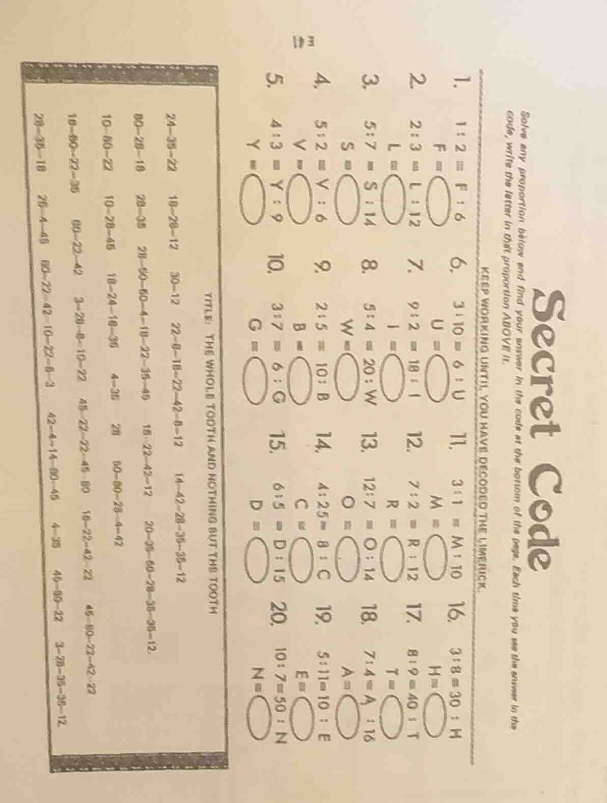 secret code solve any proportion below and find your answer in the code…