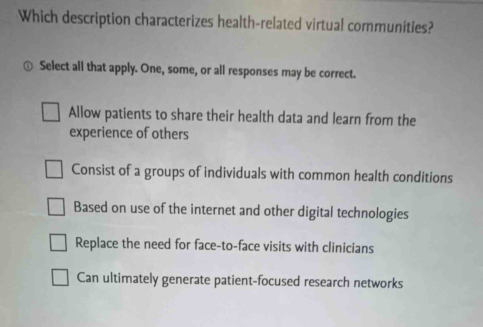 which description characterizes health-related virtual communities? ① s…