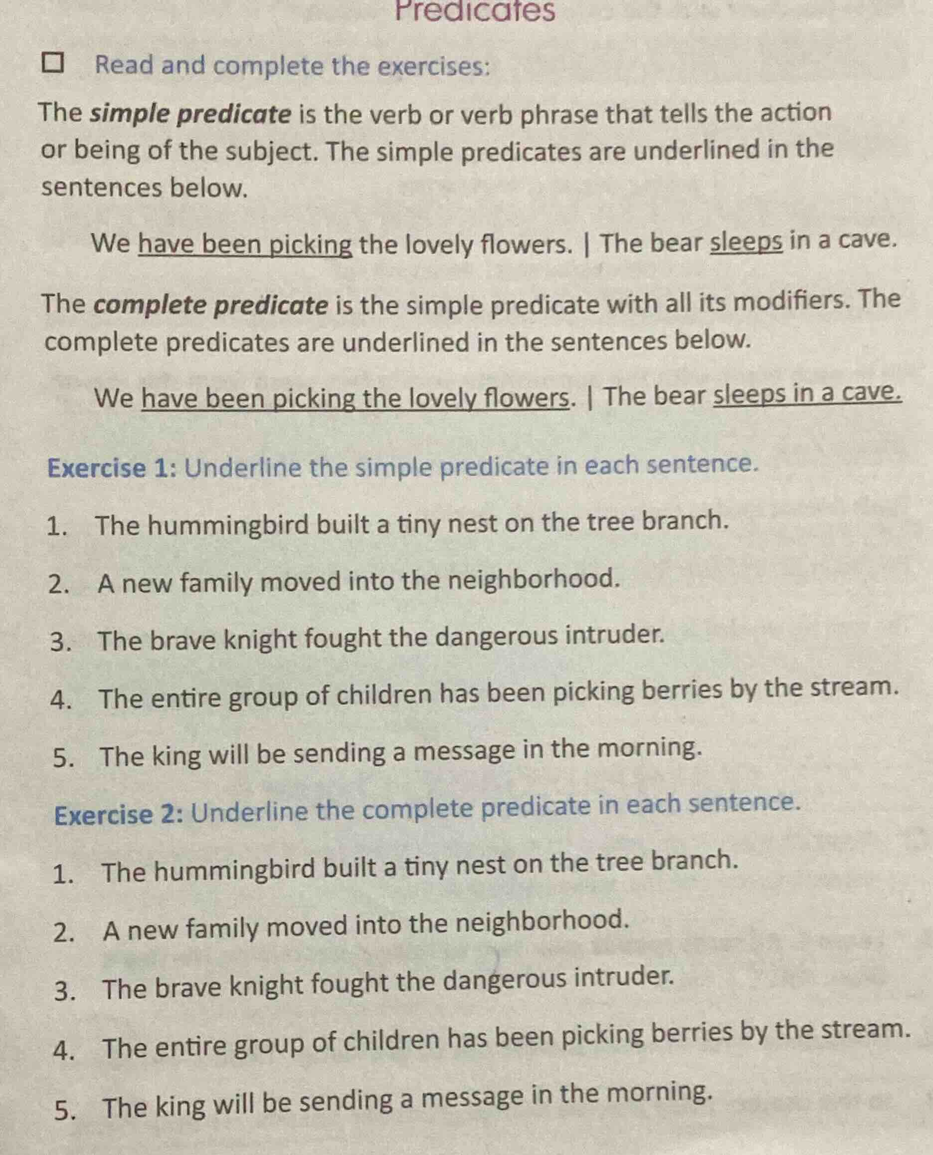 predicates□ read and complete the exercises:the simple predicate is the…