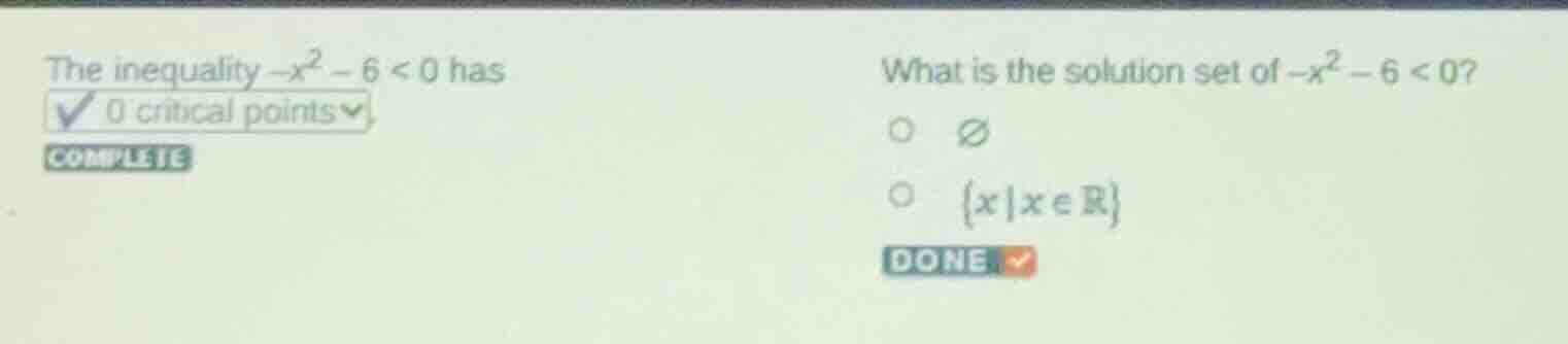 the inequality $-x^2 - 6 < 0$ has0 critical pointscompletewhat is the s…
