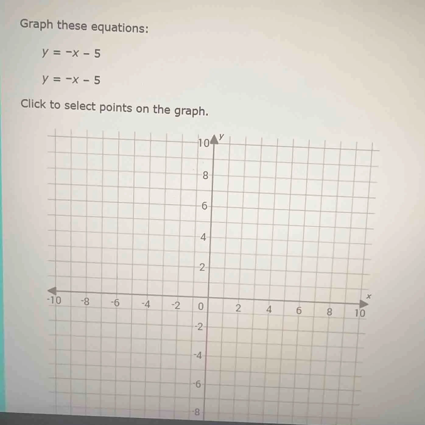 graph these equations: $y = -x - 5$ $y = -x - 5$ click to select points…