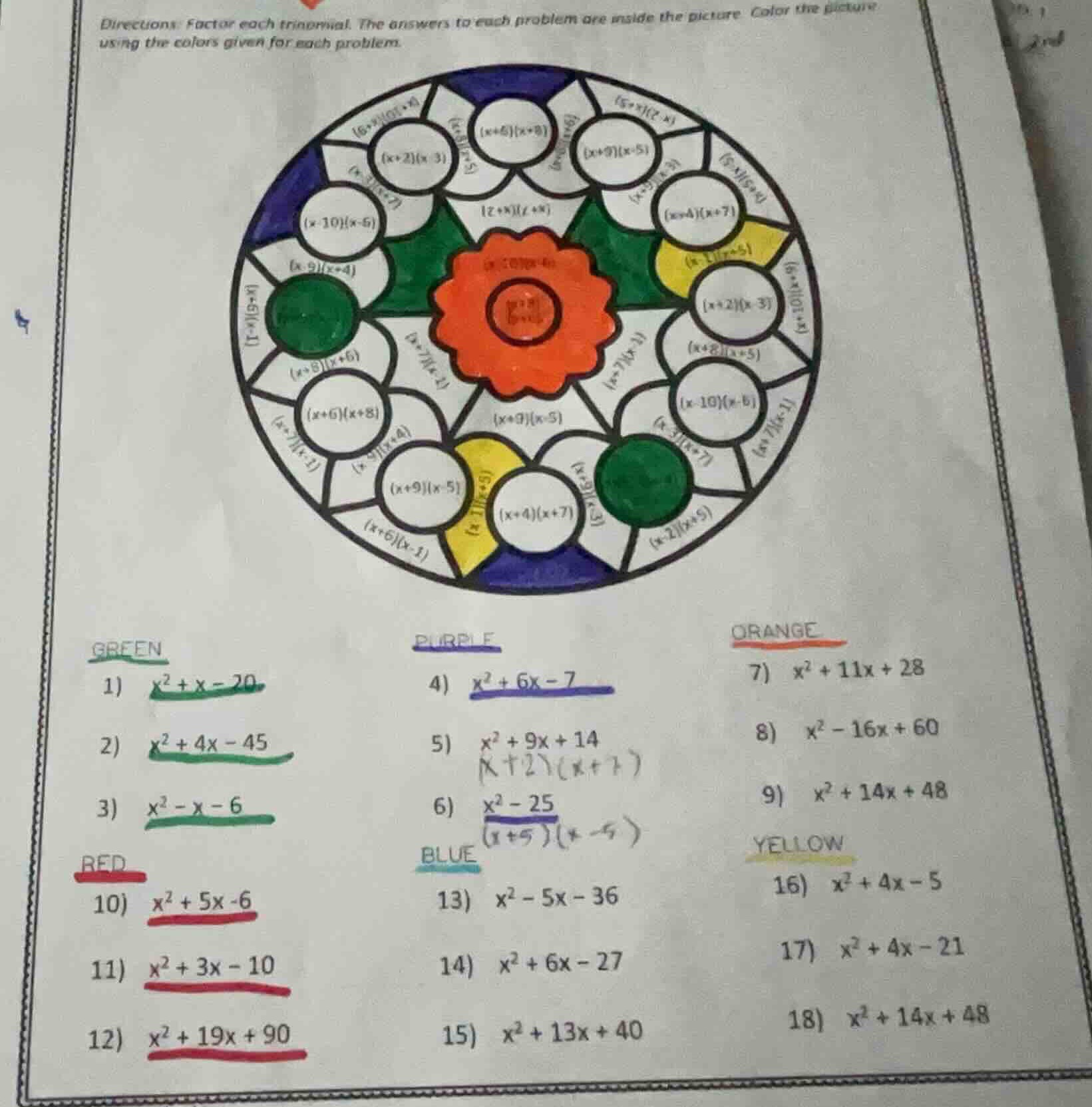 directions: factor each trinomial. the answers to each problem are insi…