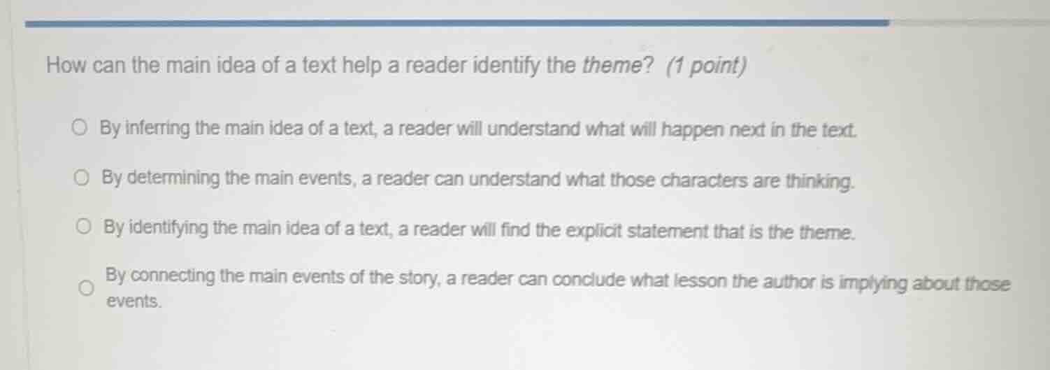 how can the main idea of a text help a reader identify the theme? (1 po…