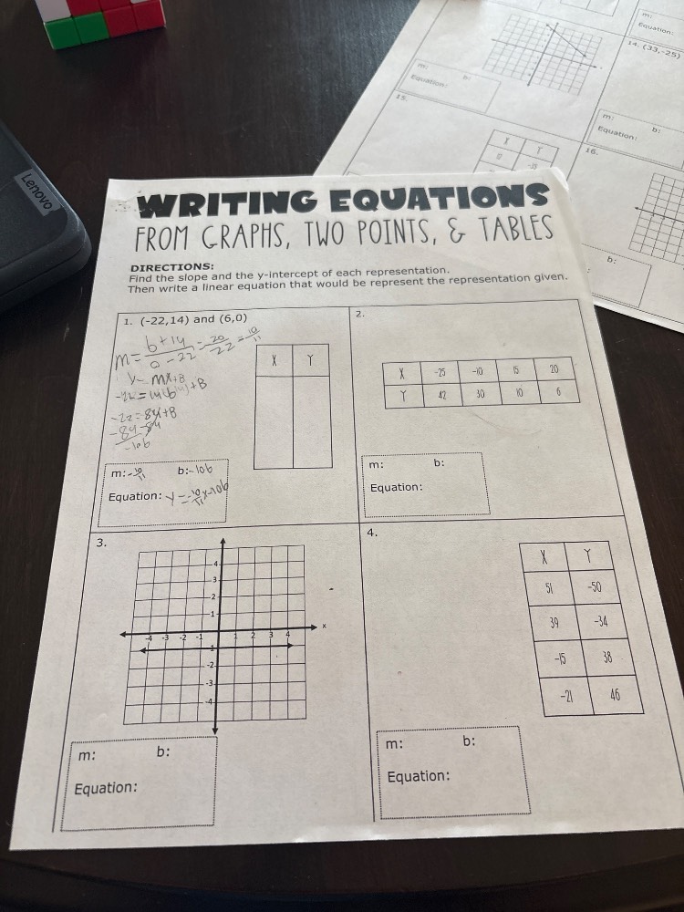 writing equations from graphs, two points, & tables directions: find th…
