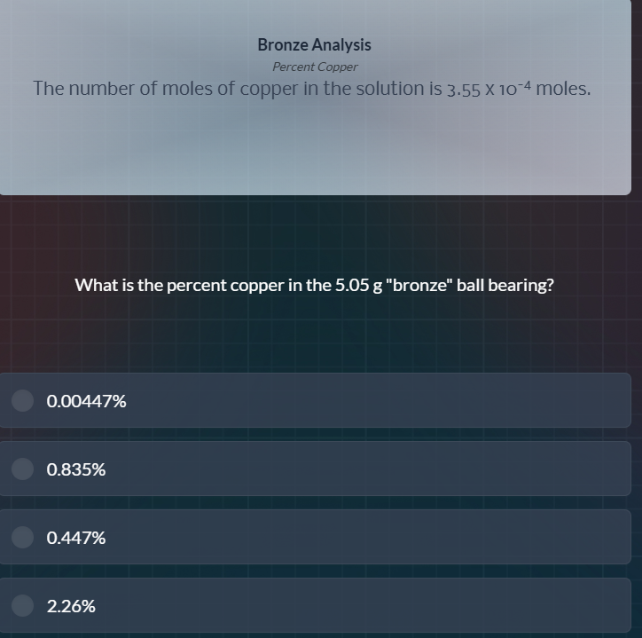 bronze analysis percent copper the number of moles of copper in the sol…