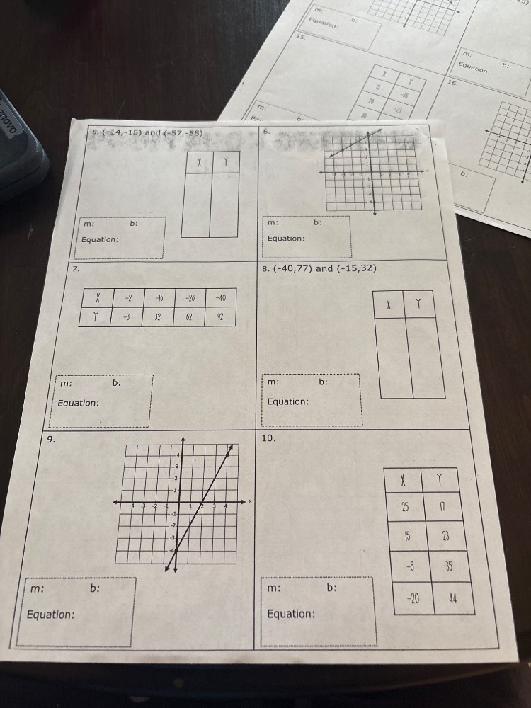 5. $(-14,-15)$ and $(-57,-58)$ m: b: equation: 6. m: b: equation: 7. | …