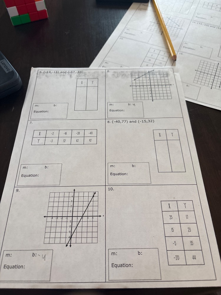 5. (-14,-15) and (-57,-58) x y m: b: equation: 6. m: b: equation: 7. x …