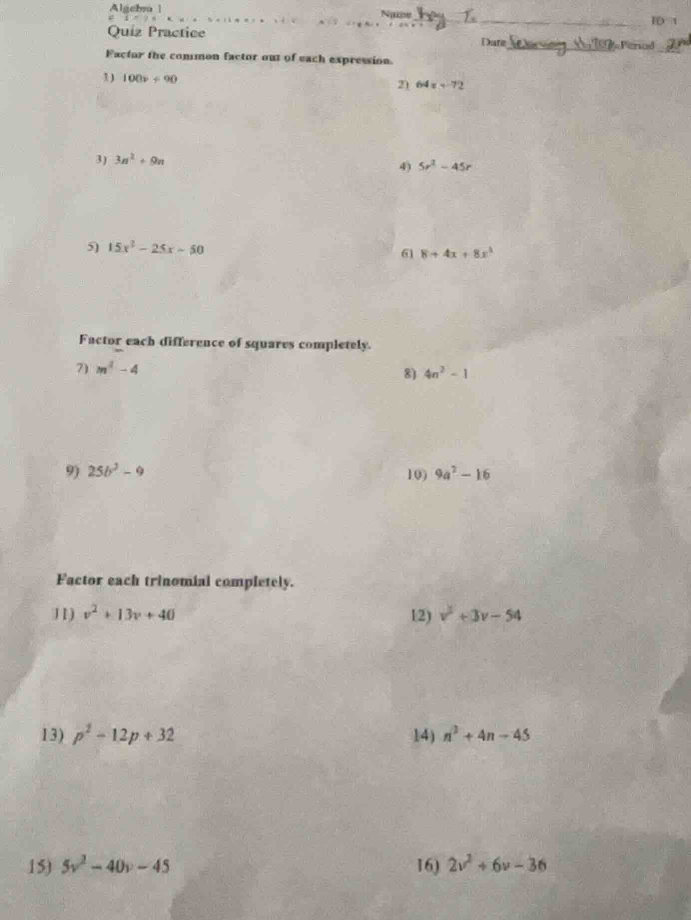 algebra 1 quiz practice name id date period factor the common factor ou…