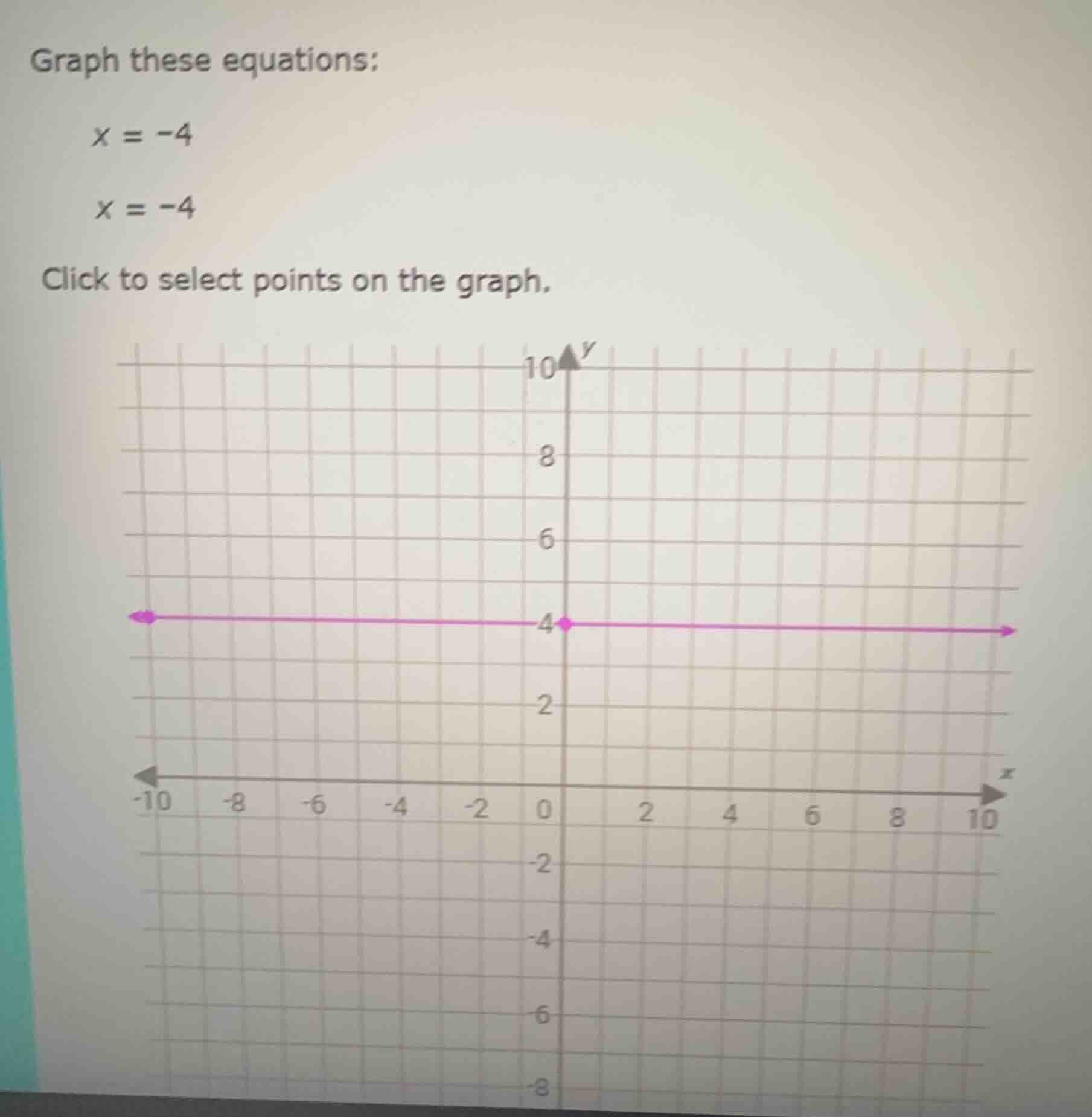 graph these equations:$x = -4$$x = -4$click to select points on the gra…