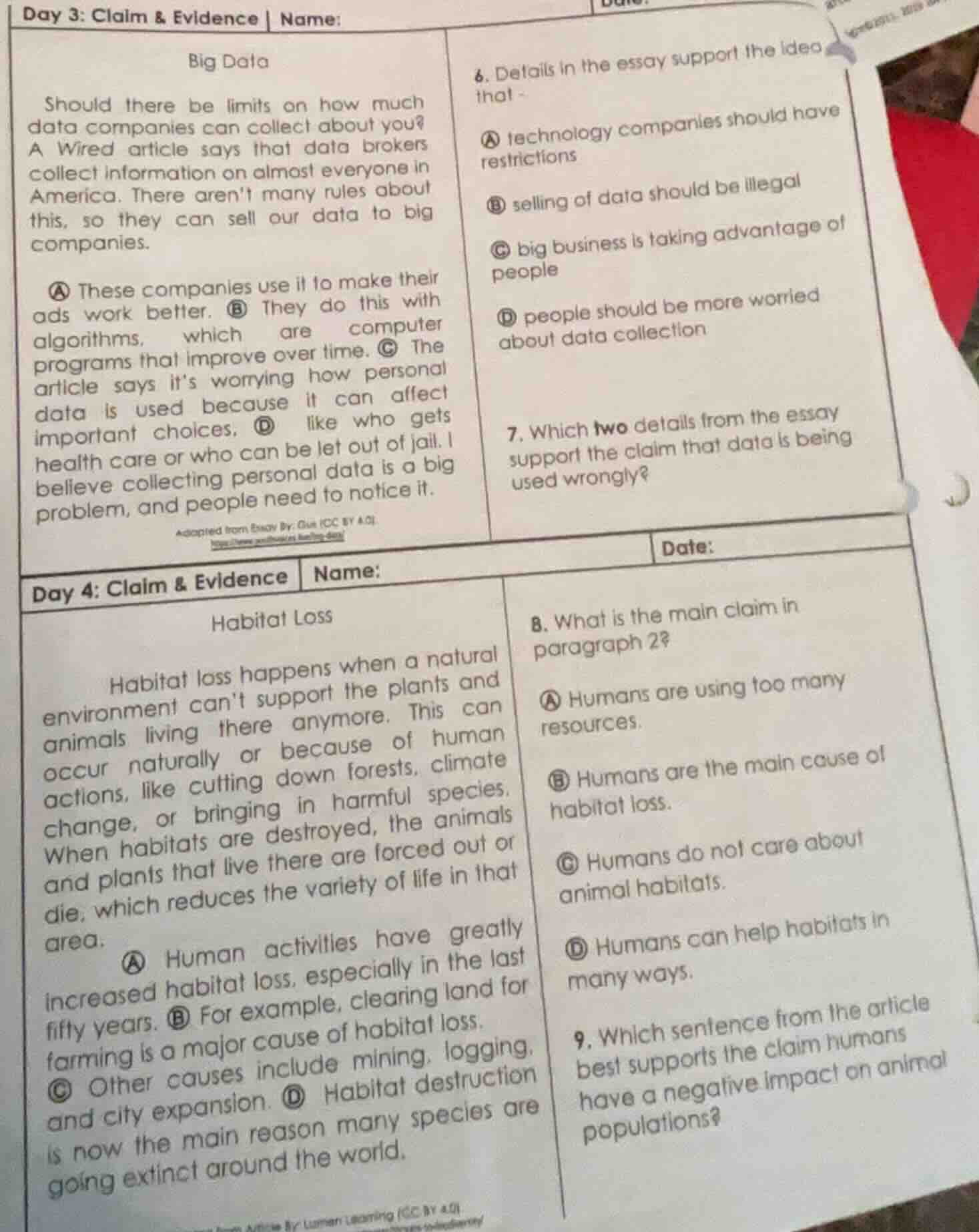 day 3: claim & evidence | name: big data should there be limits on how …