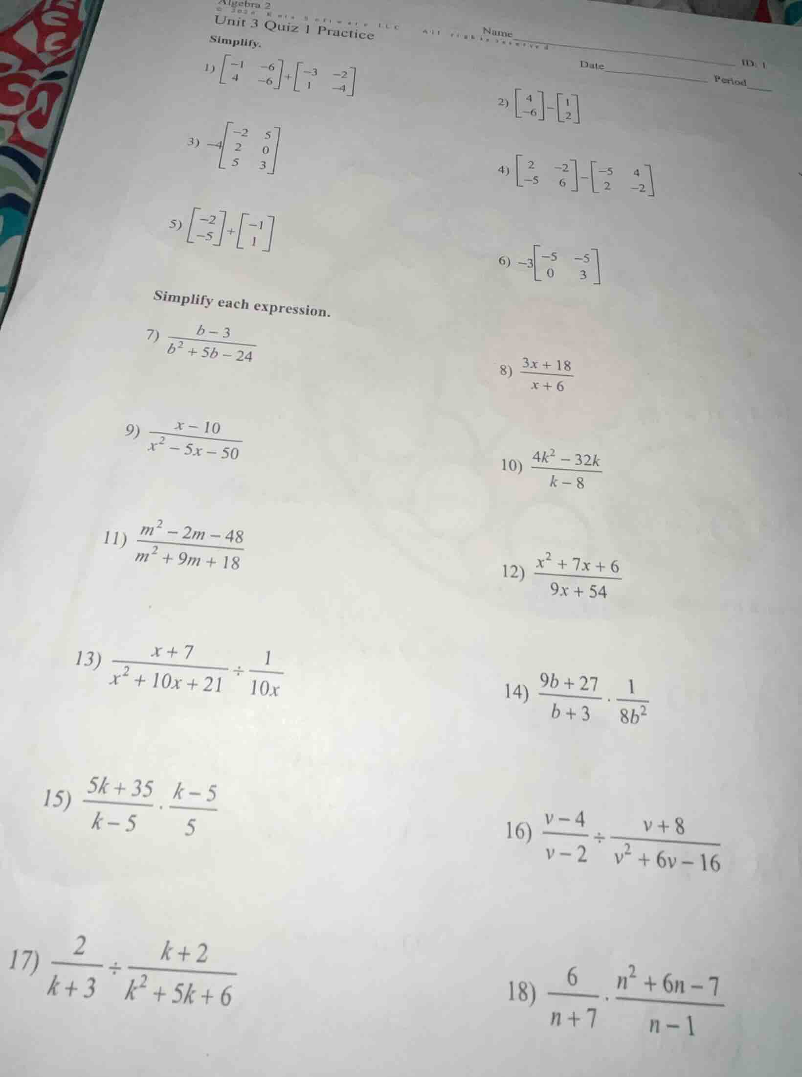 algebra 2 name id: 1 unit 3 quiz 1 practice date period simplify. 1) $\…