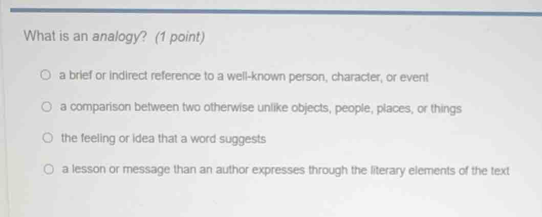 what is an analogy? (1 point)○ a brief or indirect reference to a well-…