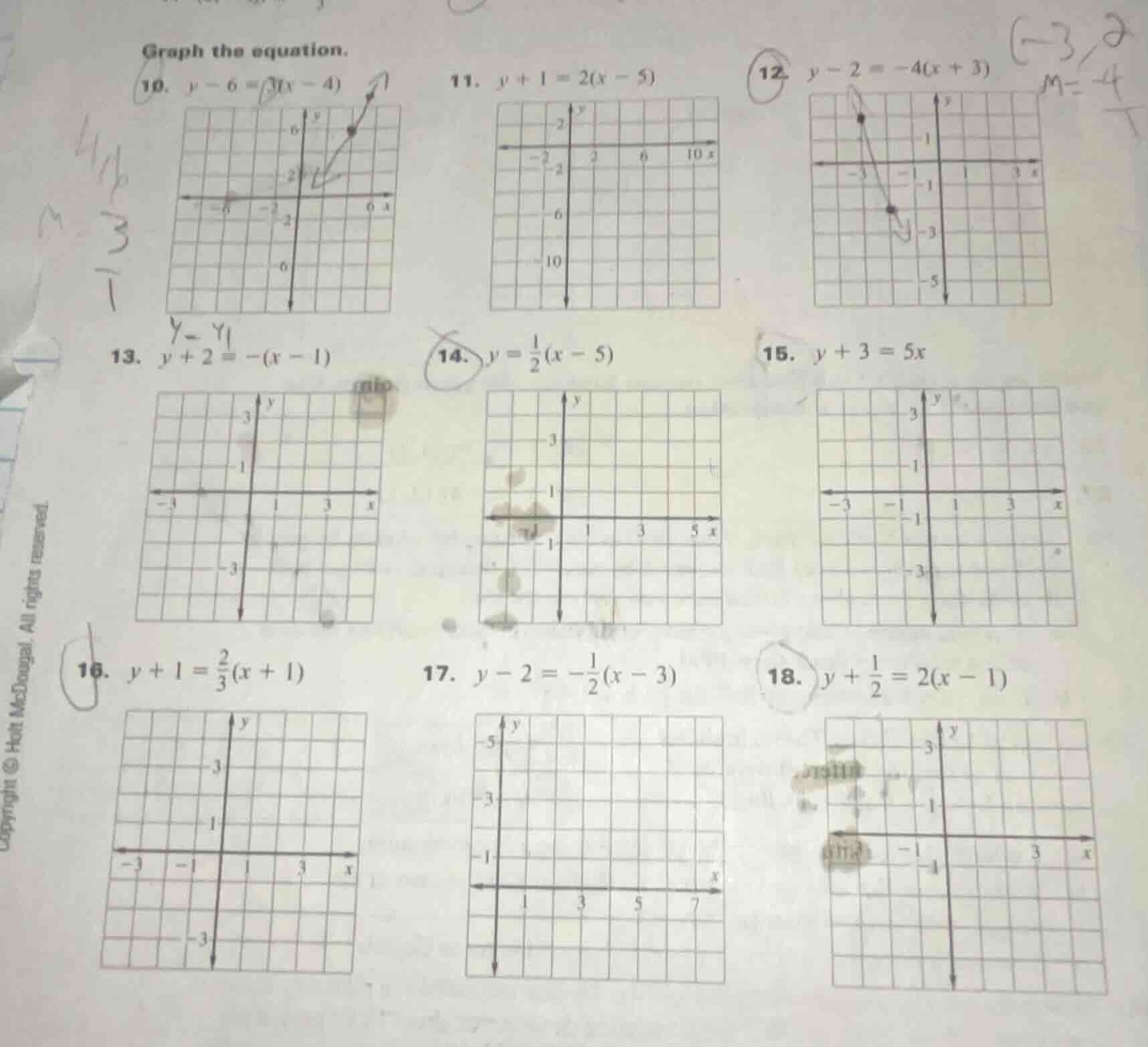 graph the equation. 10. $y - 6 = 3(x - 4)$ 11. $y + 1 = 2(x - 5)$ 12. $…