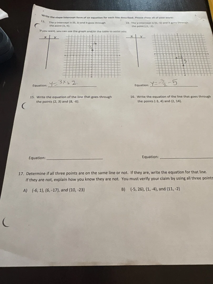 write the slope-intercept form of an equation for each line described. …