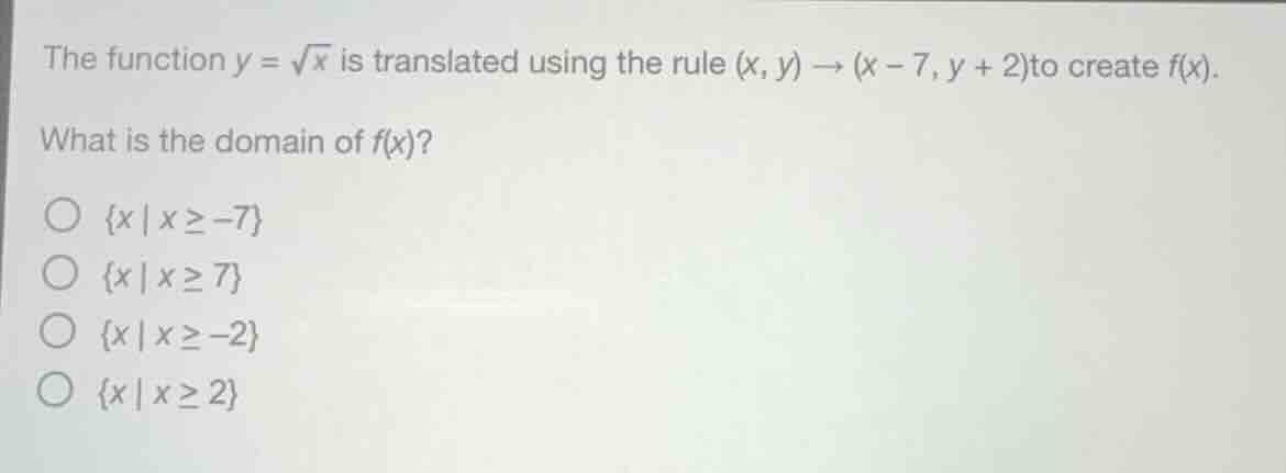the function $y = \\sqrt{x}$ is translated using the rule $(x, y) \\to …