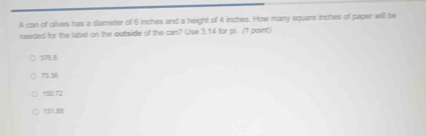 a can of olives has a diameter of 6 inches and a height of 4 inches. ho…