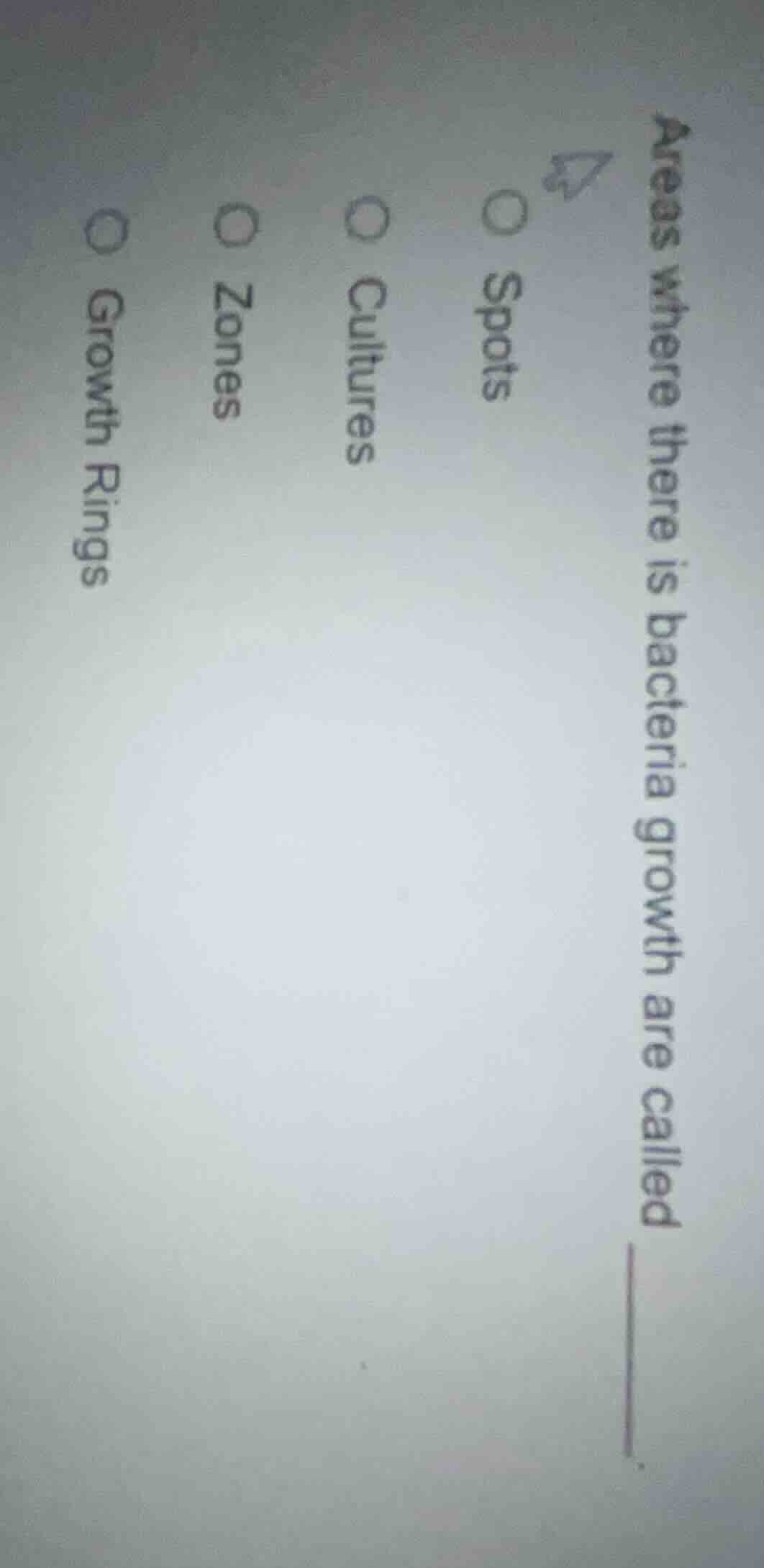 areas where there is bacteria growth are called _____.○ spots○ cultures…