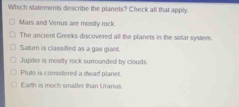 which statements describe the planets? check all that apply. mars and v…