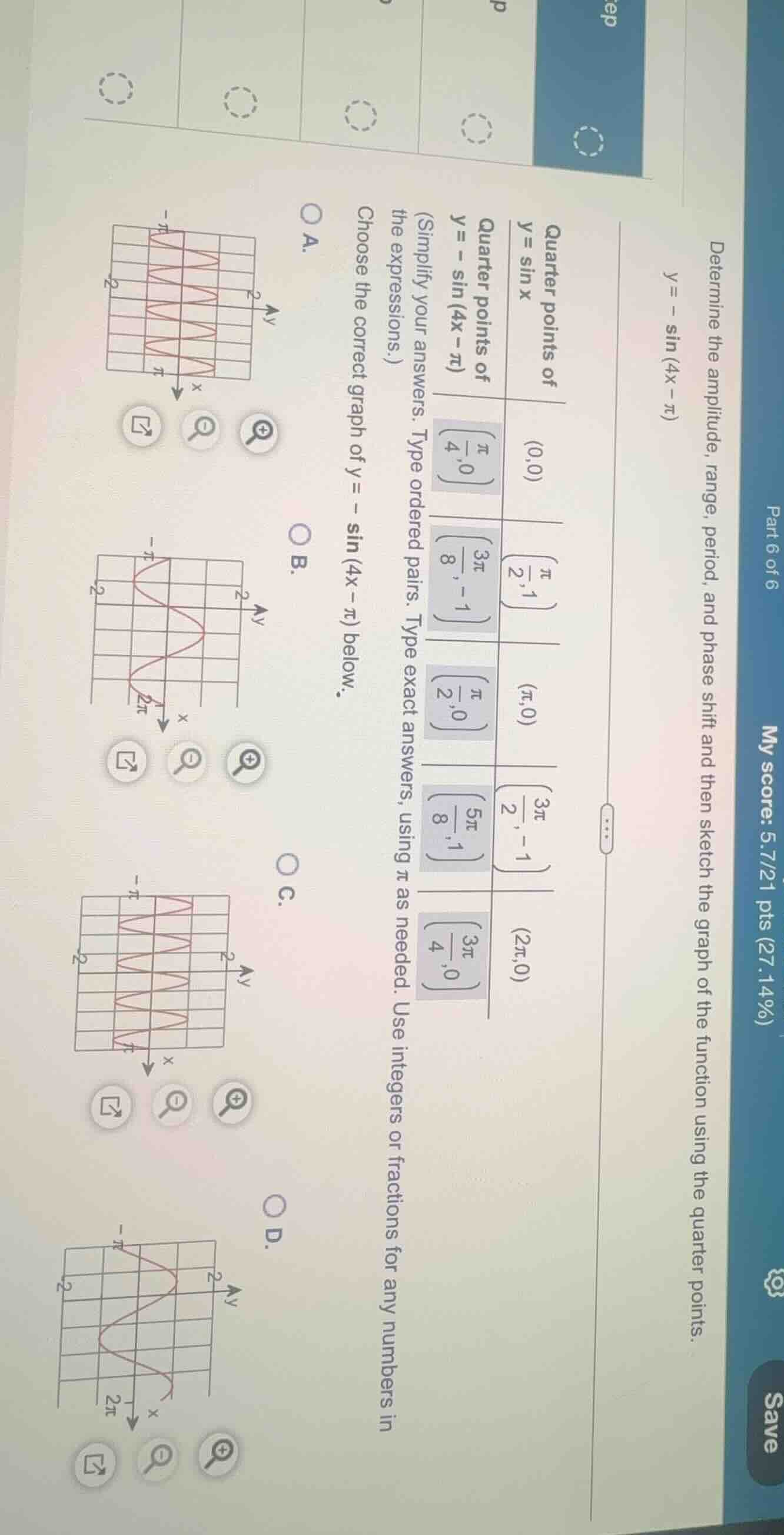 part 6 of 6 my score: 5.7/21 pts (27.14%) determine the amplitude, rang…