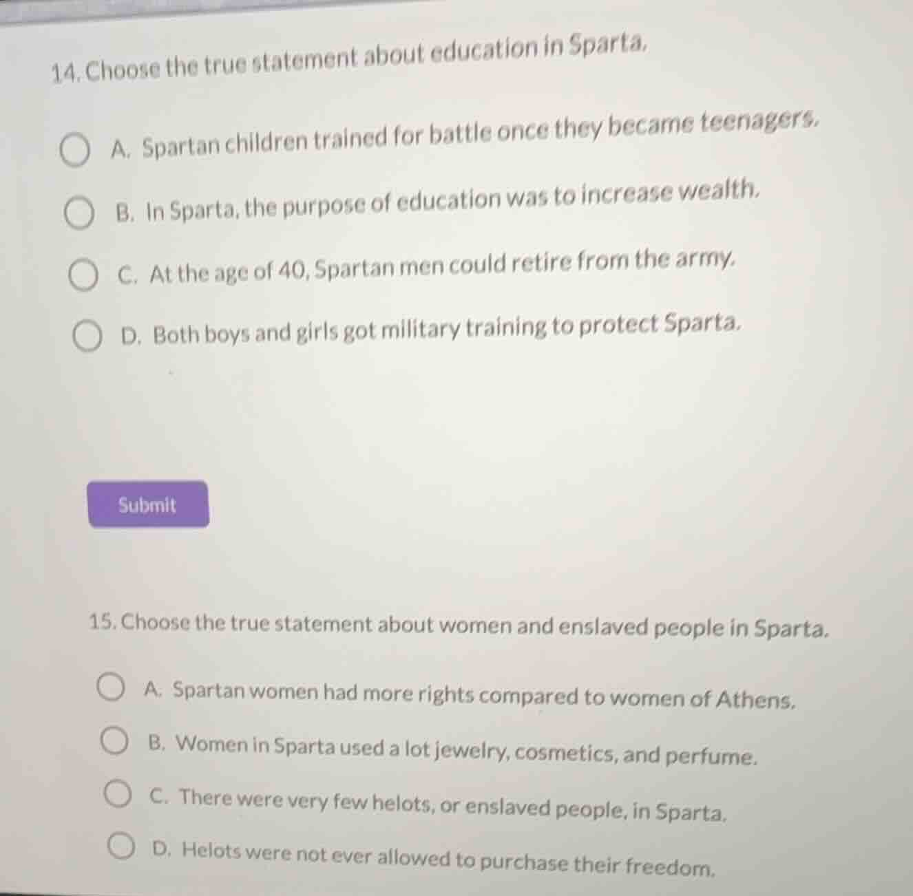 14. choose the true statement about education in sparta. a. spartan chi…