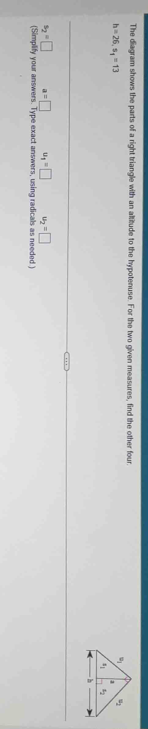 the diagram shows the parts of a right triangle with an altitude to the…