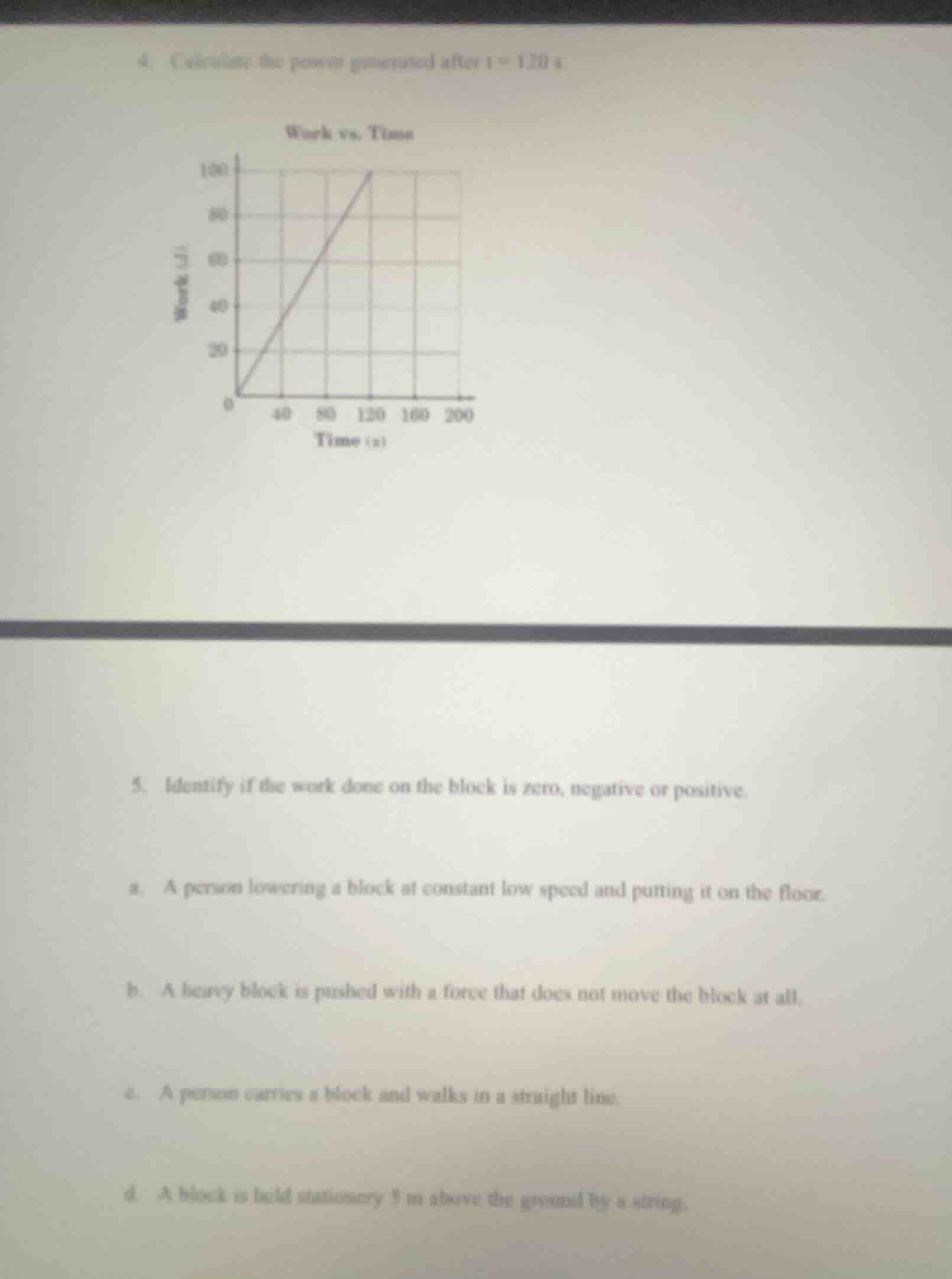 4. calculate the power generated after $t = 120$ s. work vs. time 5. id…