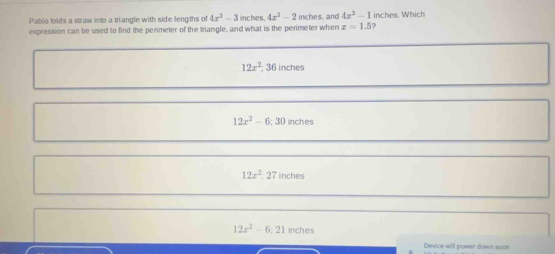 pablo folds a straw into a triangle with side lengths of $4x^2 - 3$ inc…