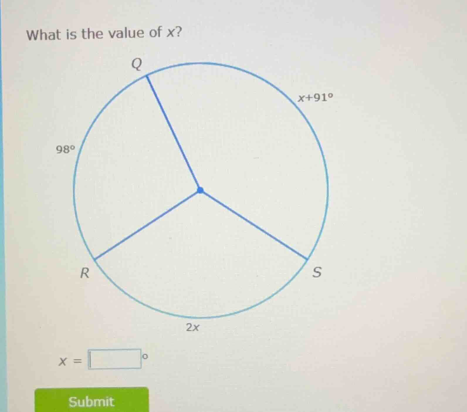 what is the value of x? $98^\\circ$ $x+91^\\circ$ $2x$ $x = \\square^\\…