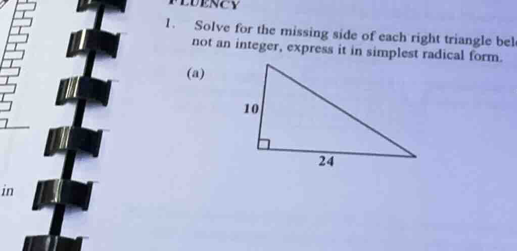 1. solve for the missing side of each right triangle below. if not an i…