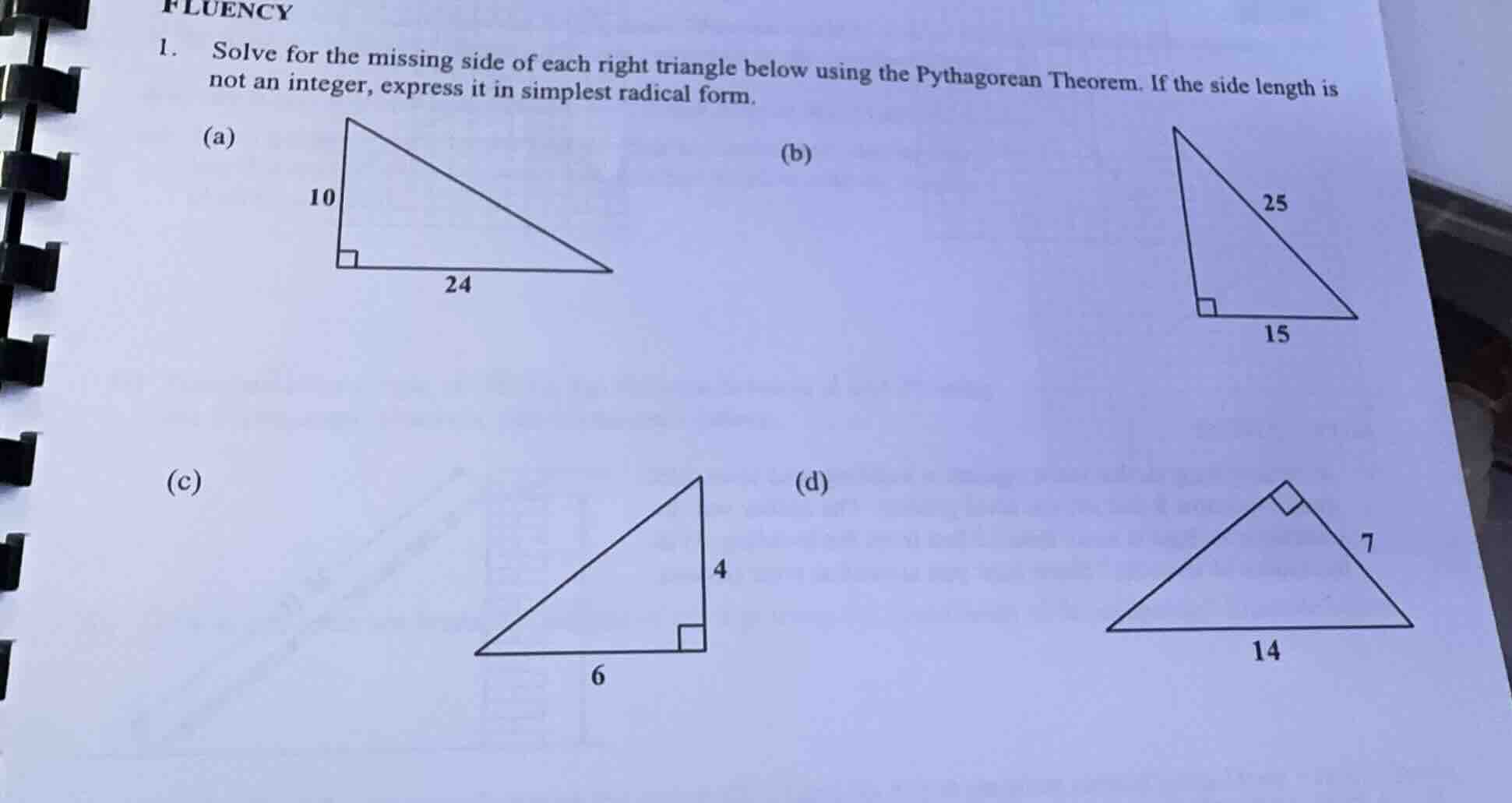 fluency 1. solve for the missing side of each right triangle below usin…