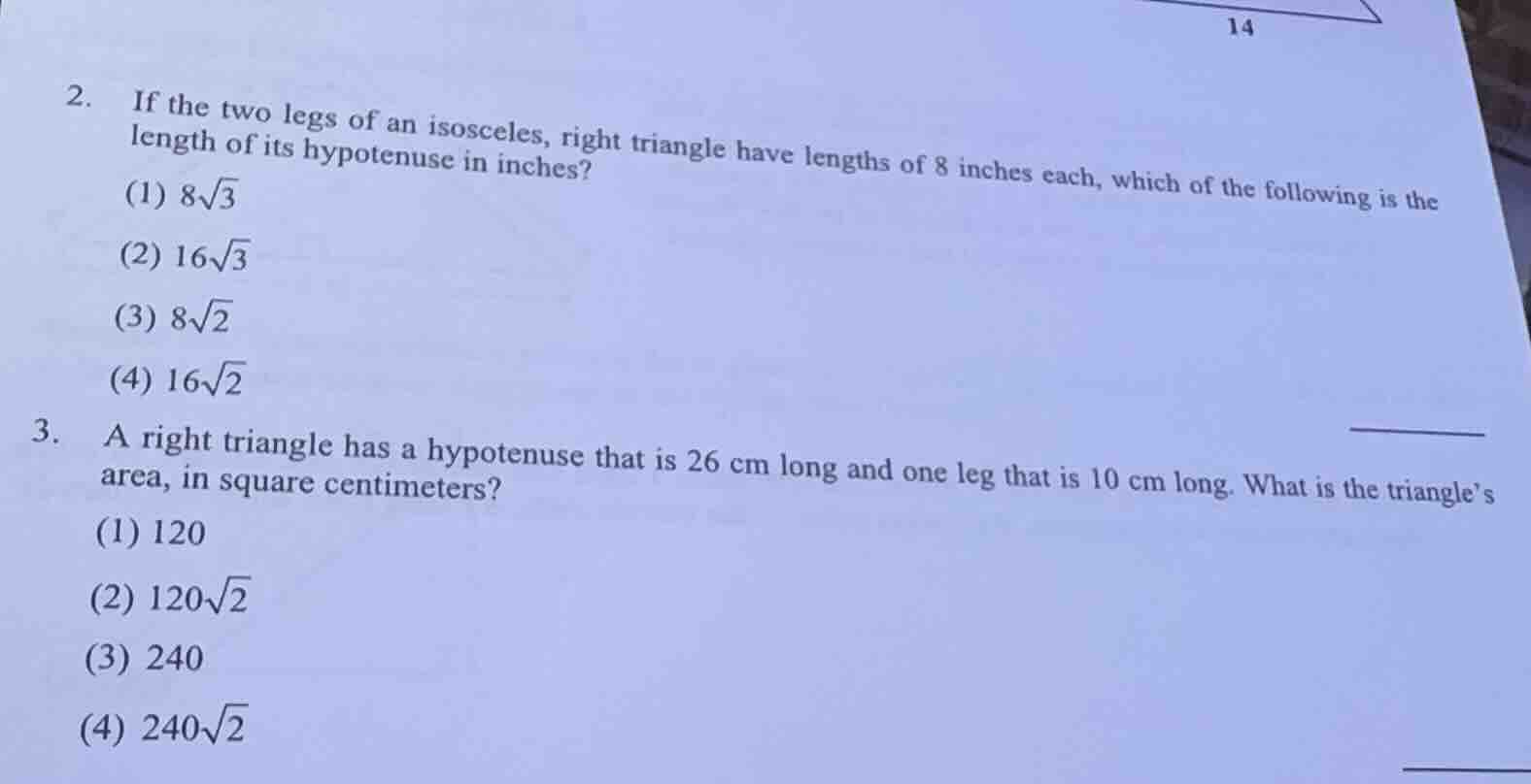 2. if the two legs of an isosceles, right triangle have lengths of 8 in…