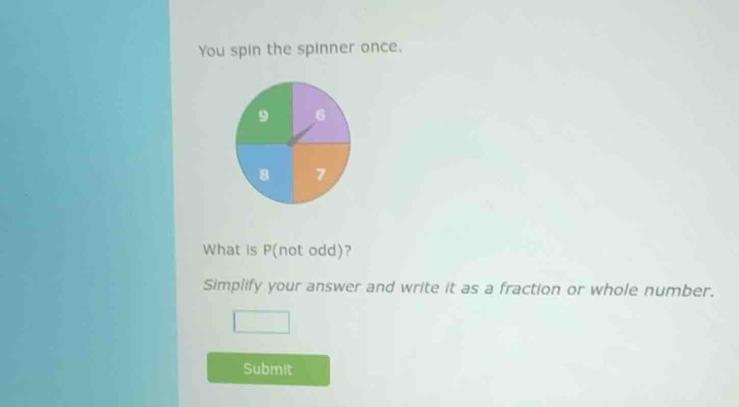 you spin the spinner once. what is p(not odd)? simplify your answer and…