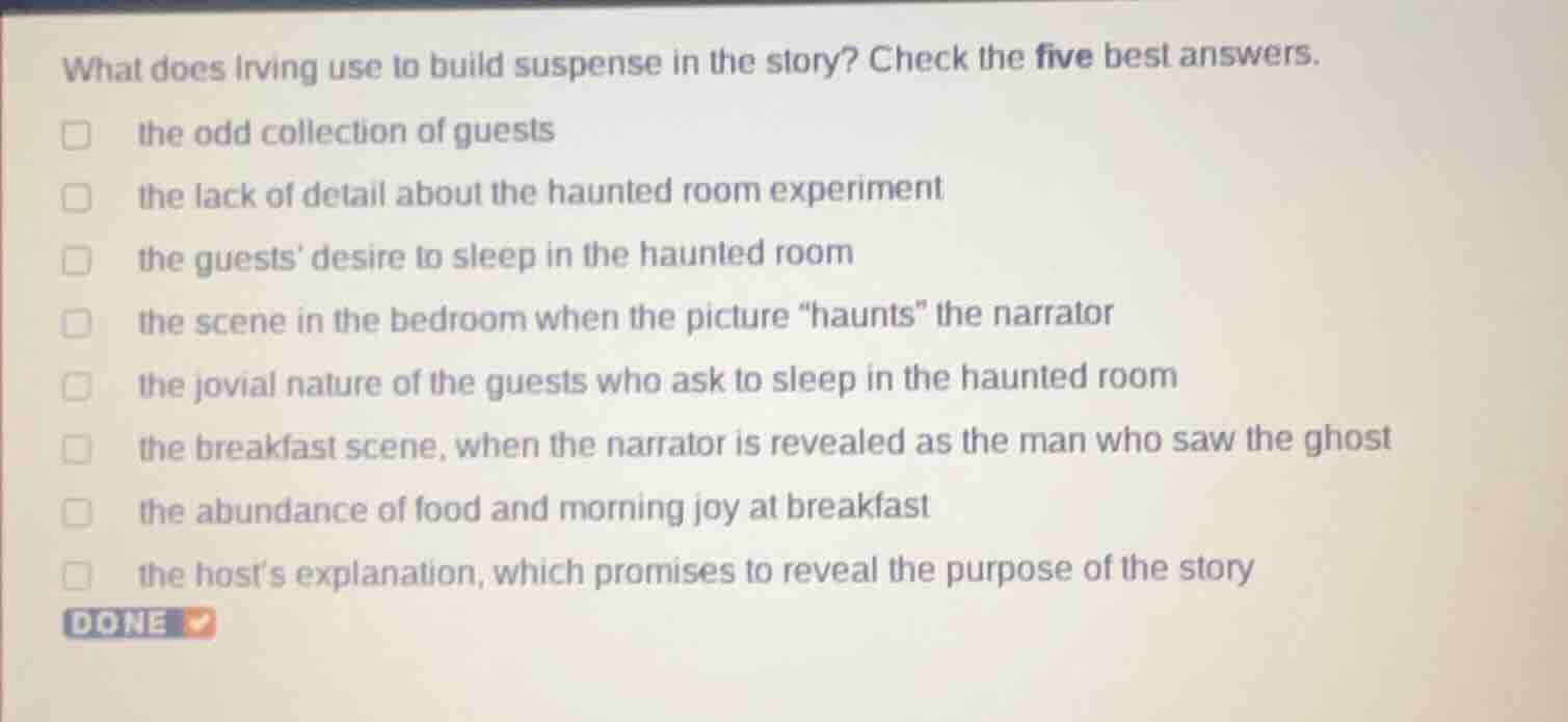 what does irving use to build suspense in the story? check the five bes…