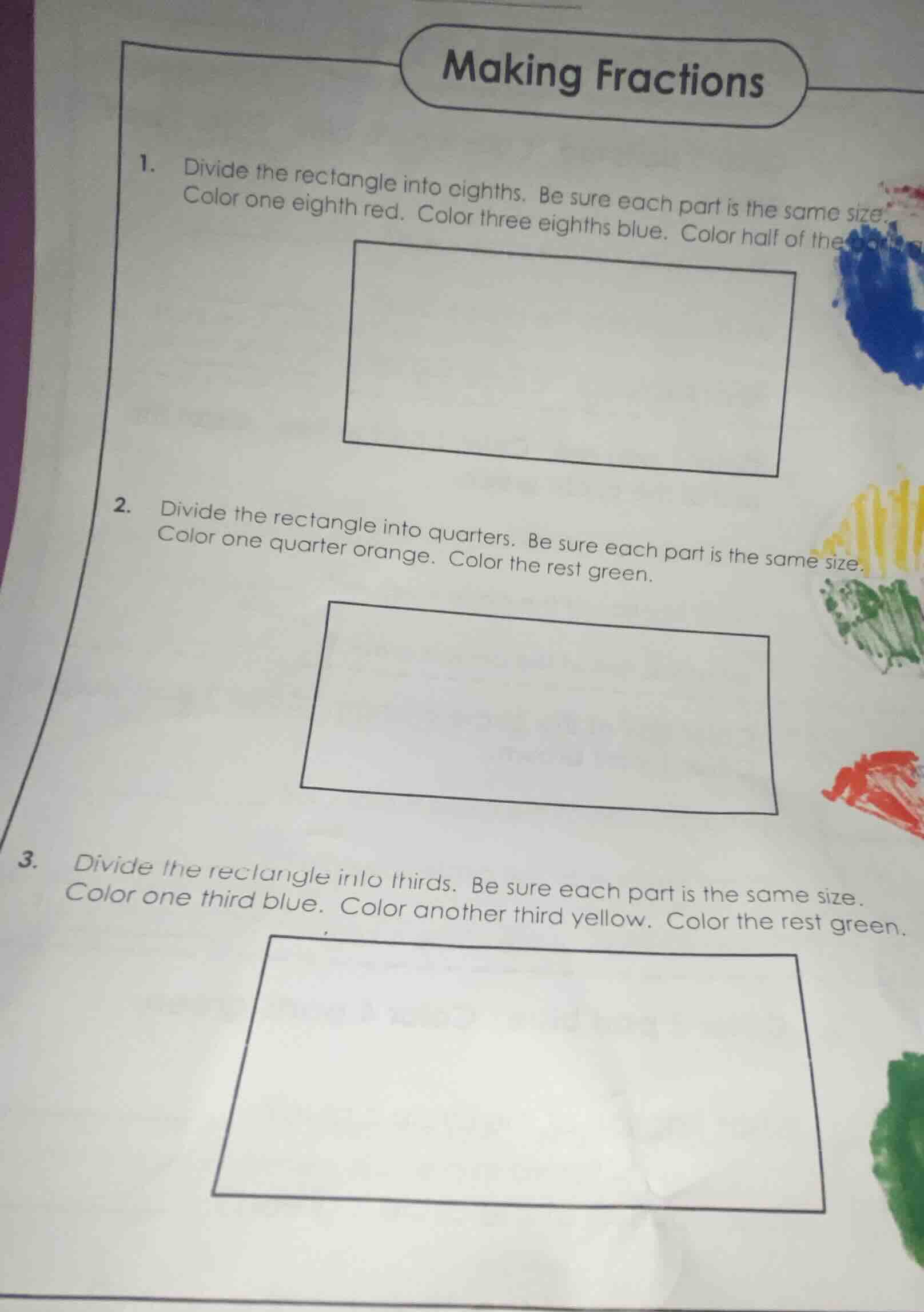 making fractions 1. divide the rectangle into eighths. be sure each par…