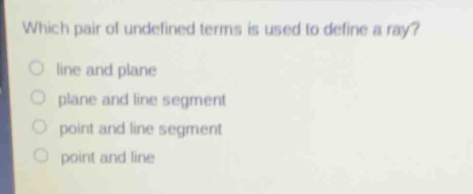 which pair of undefined terms is used to define a ray? line and plane p…