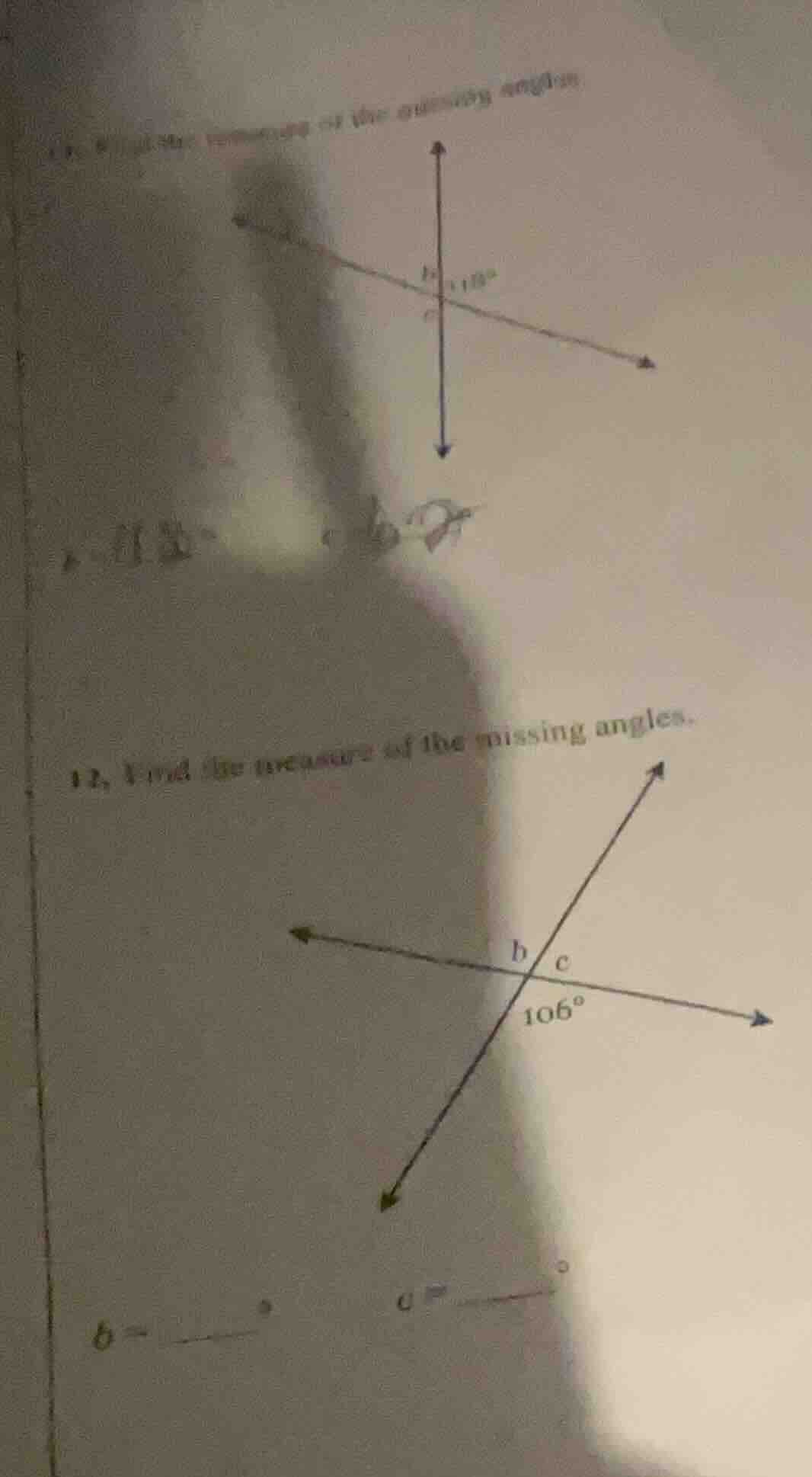 12. find the measure of the missing angles. $b=\\_\\_\\_\\_^\\circ$ $c=…