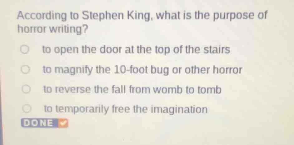 according to stephen king, what is the purpose of horror writing?to ope…