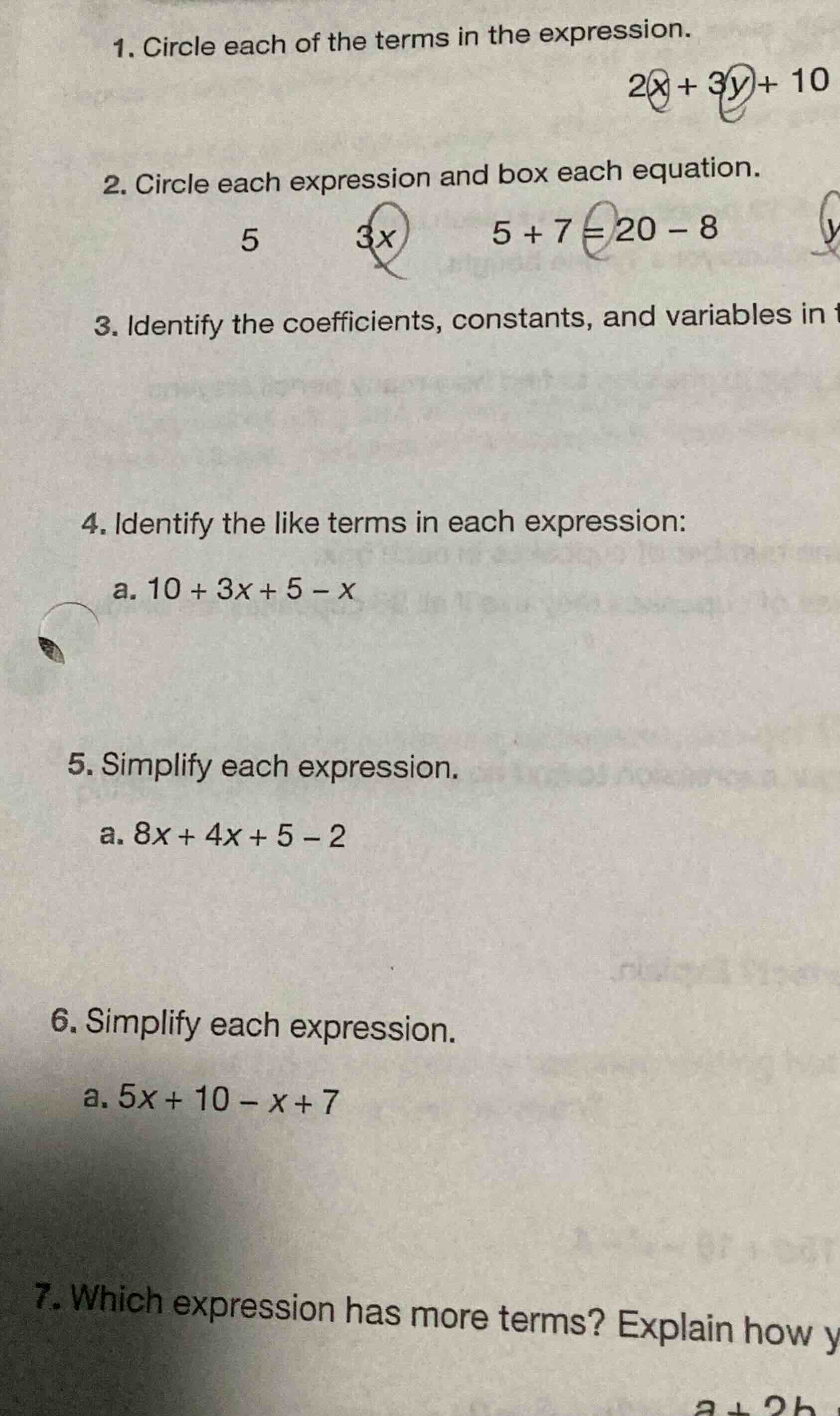 1. circle each of the terms in the expression. $2x + 3y + 10$ 2. circle…