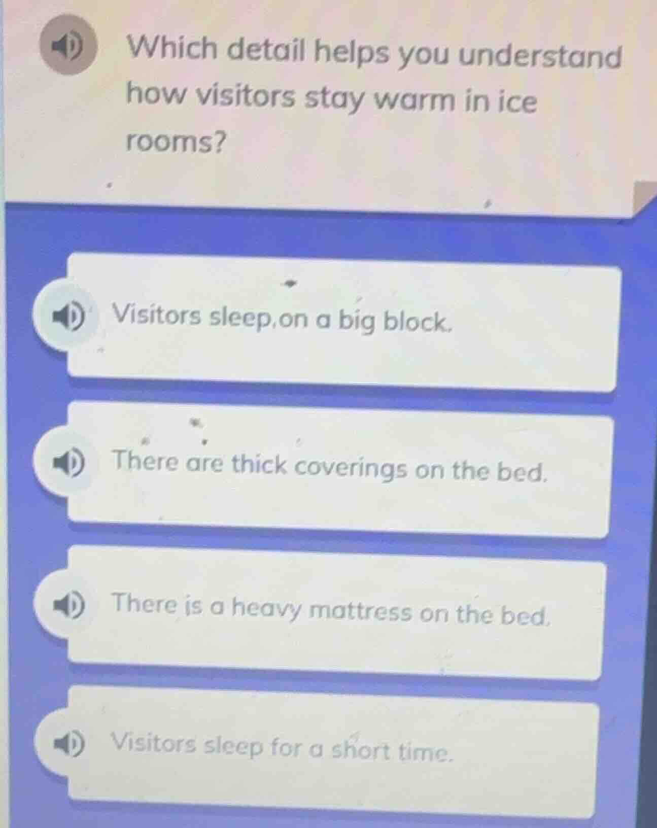 which detail helps you understand how visitors stay warm in ice rooms? …