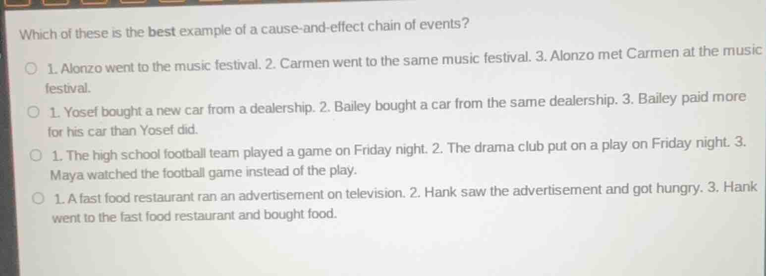 which of these is the best example of a cause-and-effect chain of event…